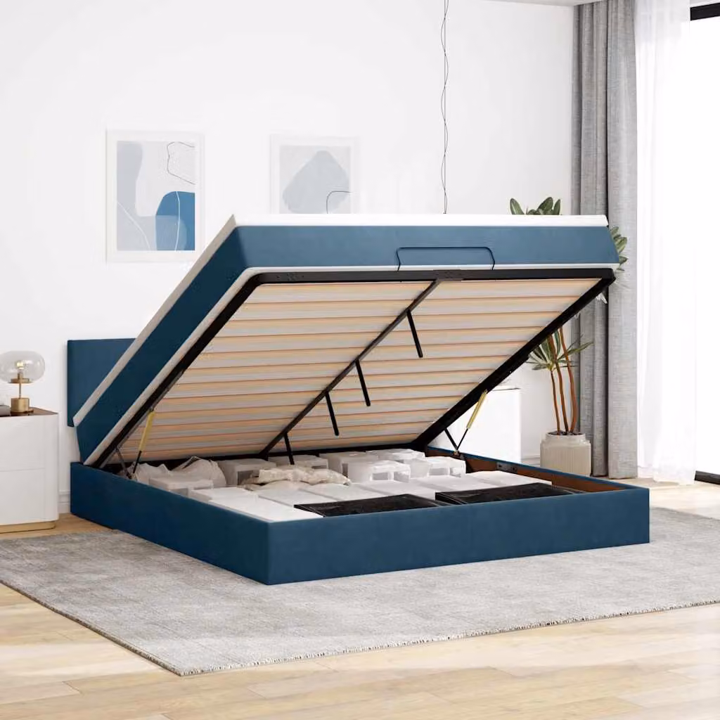 vidaXL Struttura Letto con Materasso e Contenitore a Sollevamento in Velluto Blu e Bianco, L/P/H: 160 x 200 cm – 1