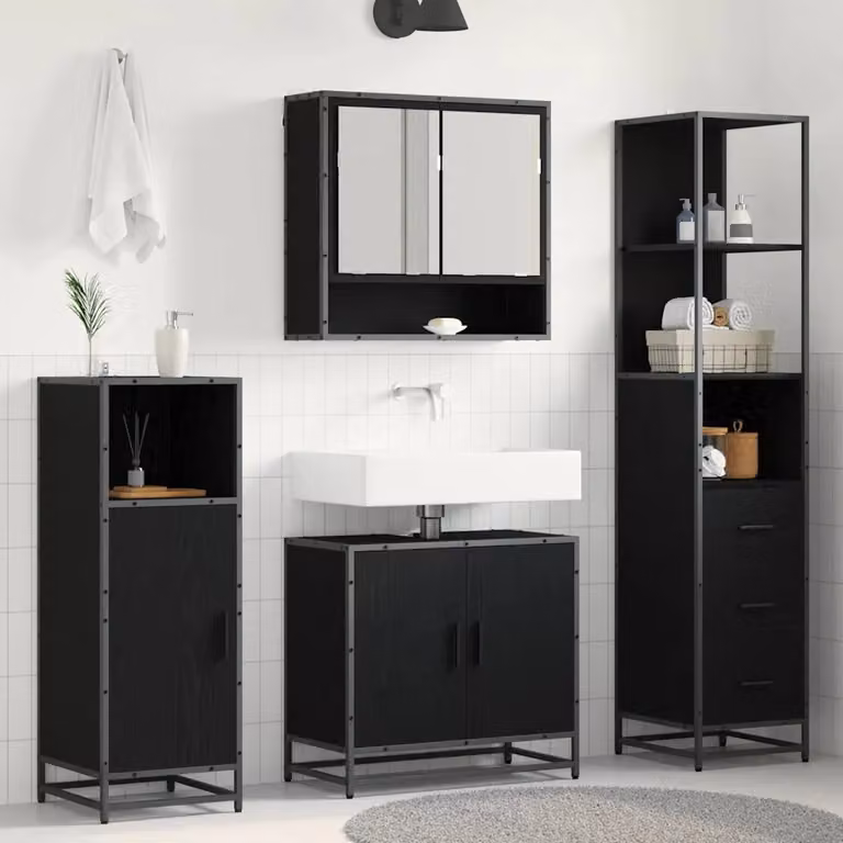 Set di mobili per il bagno vidaXL 3 pezzi in rovere e nero con specchio, mobile lavabo e colonna alta, L/P/H: 65,0 x 37,5 x 166,0 cm