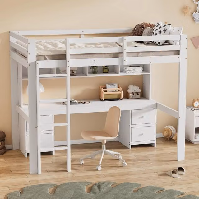 Letto a castello CIPACHO per bambini in pino e MDF bianco con scrivania e cassetti H: 167 cm, L: 90 cm, P: 204 cm