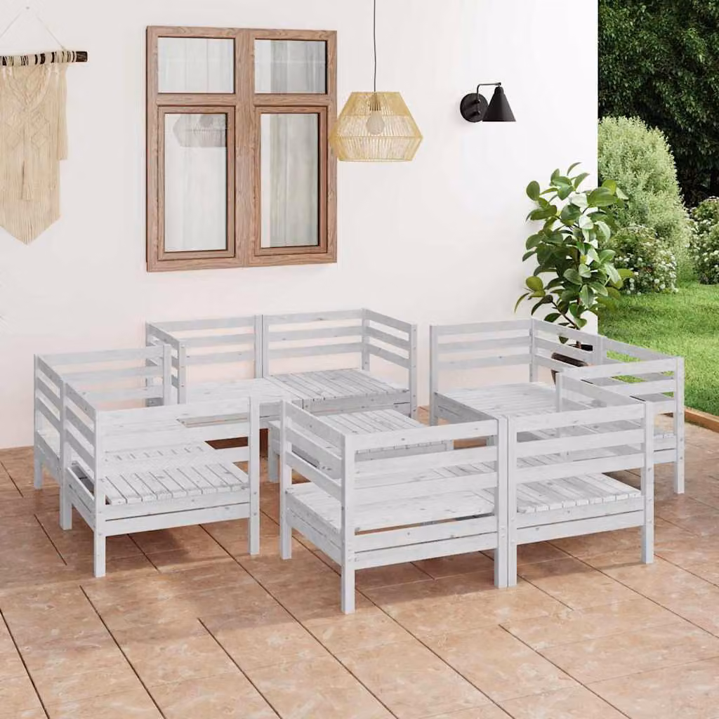 vidaXL Set Divani da Giardino 9 pz in Legno di Pino Bianco con Elementi Angolari e Tavolino da Esterno