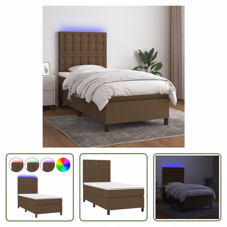 The Living Store Letto a molle con materasso e LED in tessuto marrone scuro 80x200 cm