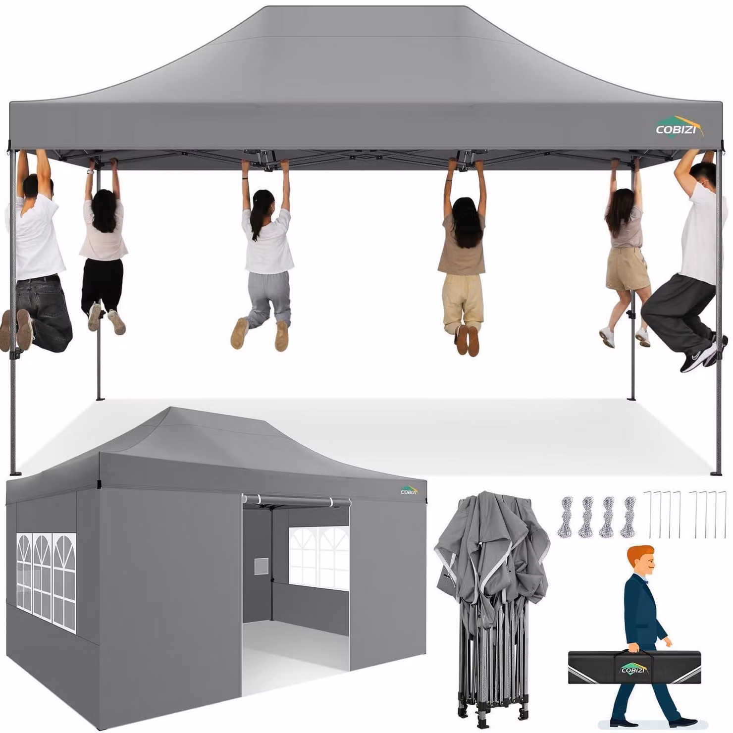Gazebo da esterno 3x4,5 metri, colore grigio, impermeabile, con protezione UV, dotato di 4 pannelli laterali, robusto e resistente alle intemperie invernali