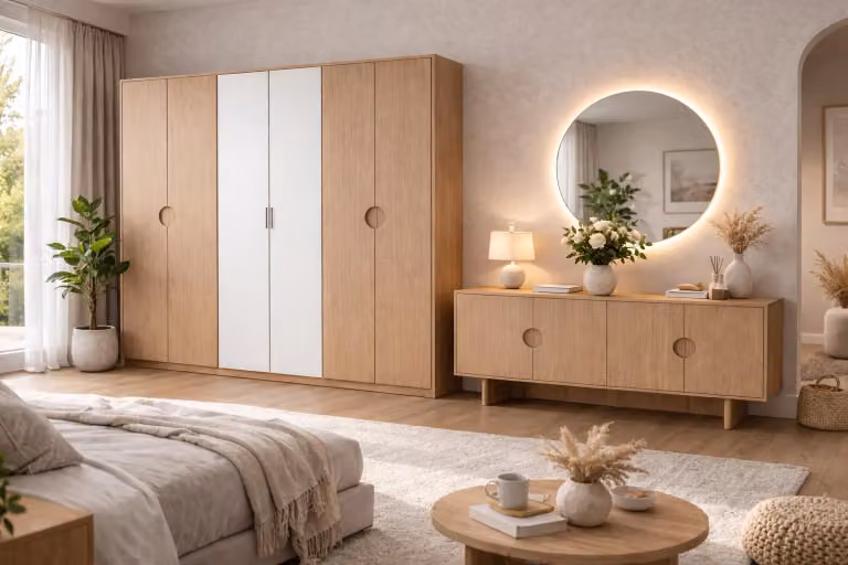 Set da camera da letto marrone, armadio lussuoso, consolle in legno, specchio
