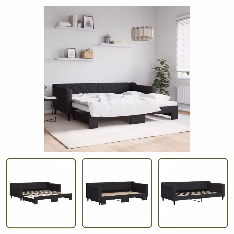 The Living Store Daybed Estensibile Nero 90x190 cm Tessuto