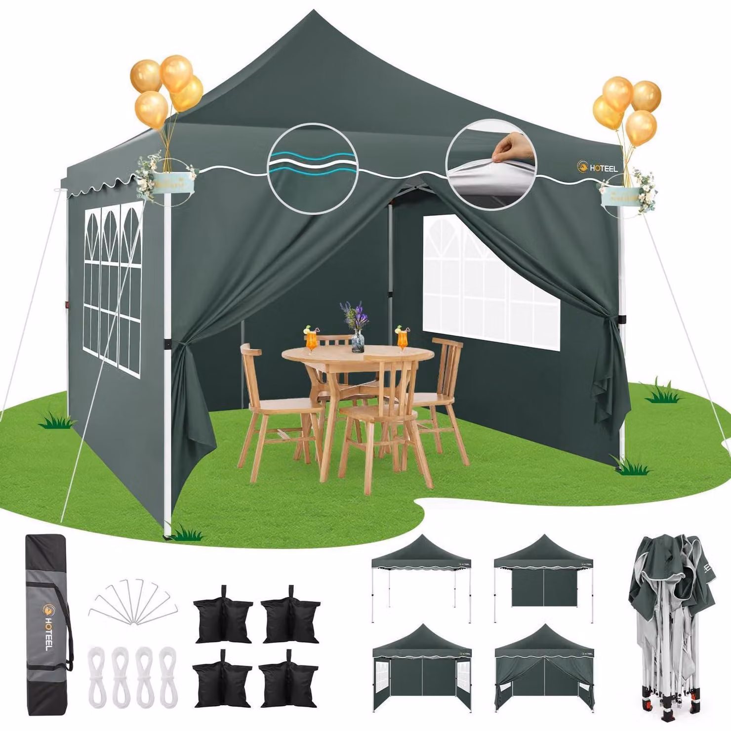 Gazebo da esterno 3x3 metri, impermeabile, stabile, grigio, con 4 pareti laterali, resistente alle intemperie, altezza 310 cm