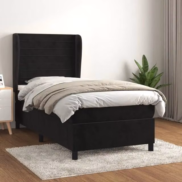 Letto Ibrido vidaXL con Giroletto a Molle e Materasso in Velluto Nero e Bianco L/P/H: 90 x 190 x 128 cm – 1
