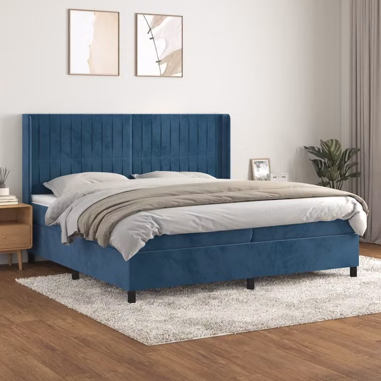 The Living Store Letto a molle con materasso blu scuro 200x200 cm in velluto