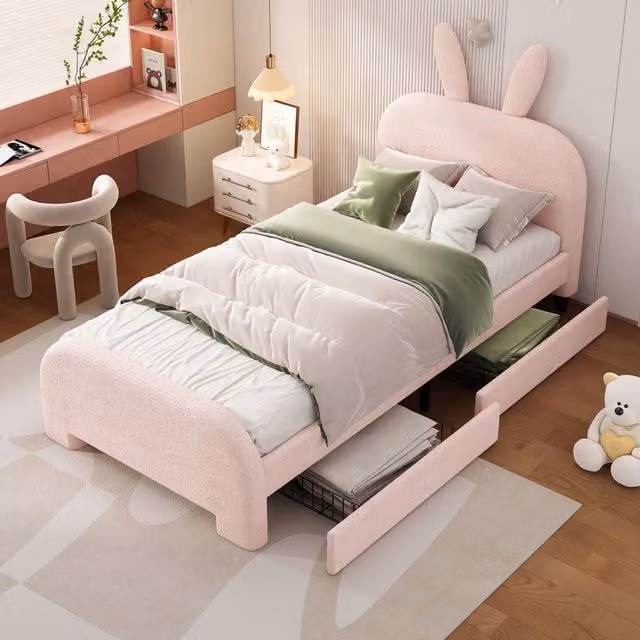 Letto per bambini 90x200 cm imbottito rosa a forma di coniglio con due cassetti