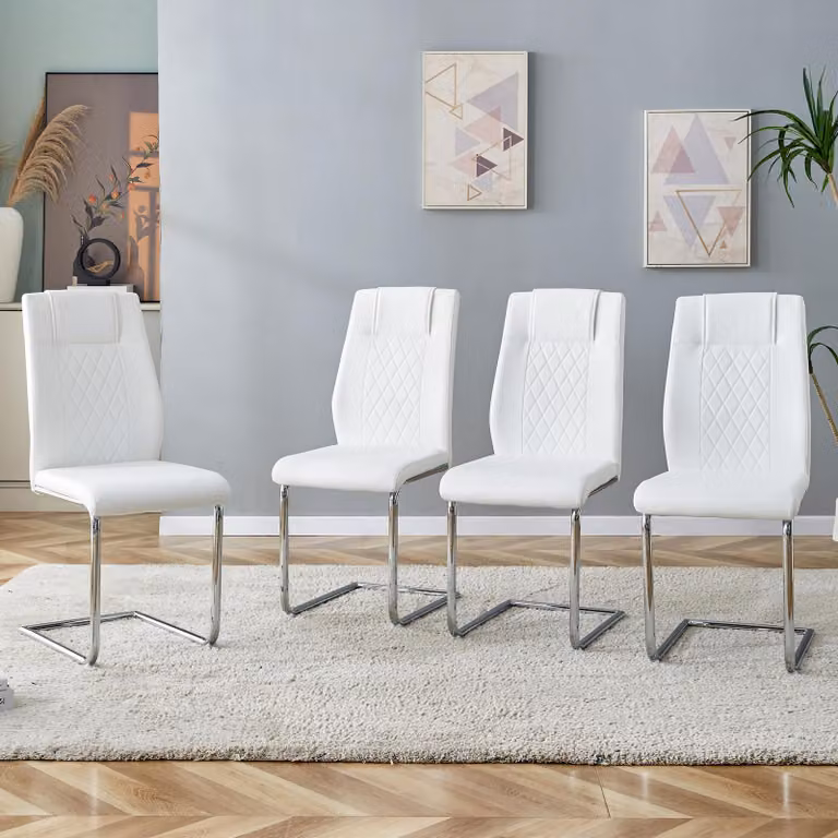 Set di 4 sedie da pranzo, rivestite in PU, con schienale a rete e gambe in metallo (bianco e argento)