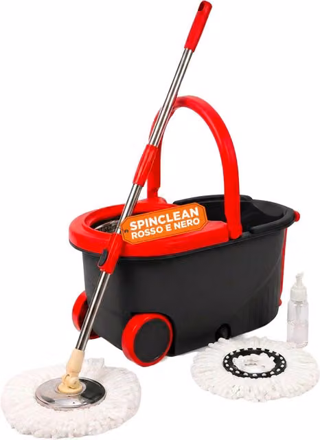 Kit Mocio Rotante 360 con Secchio da 14L Avilia Home, Set Lavapavimenti con Centrifuga in Acciaio, Asta Telescopica e 2 Testine in Microfibra, Colore Nero e Rosso, L/P/H: 46 x 27 x 22 cm
