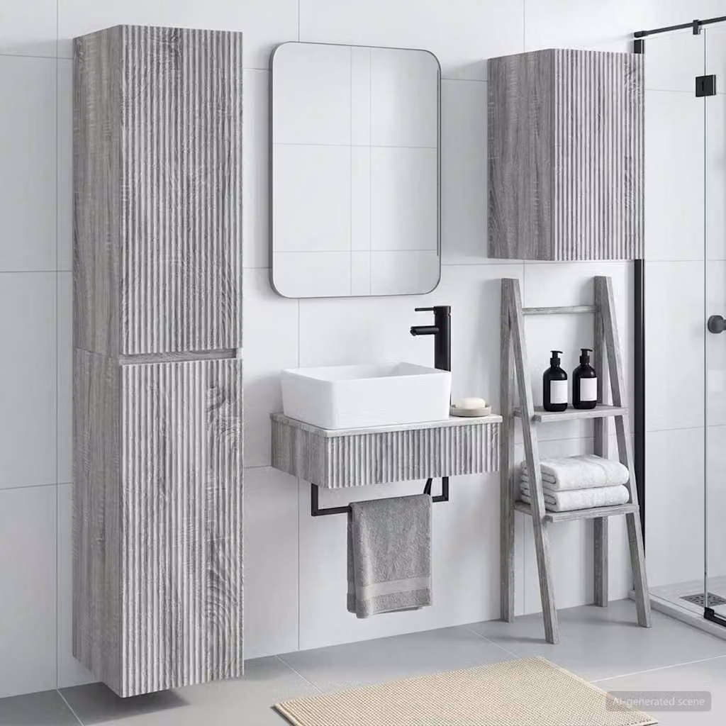 Set di mobili per il bagno moderno vidaXL composto da 3 pezzi in colore grigio opaco con base lavabo, pensile e colonna alta