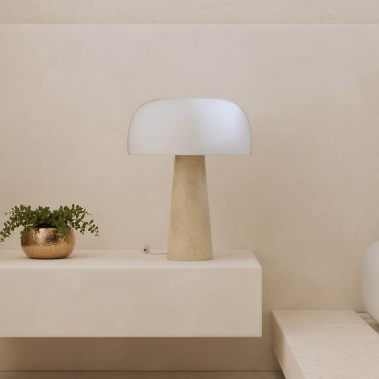 LUMIÈRE Design Lyra Lampada da Tavolo Base in Travertino Vetro Opale dimmerabile Bianco