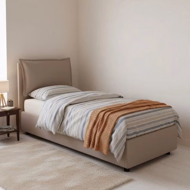 Letto singolo contenitore Aigor Talamo Italia con rivestimento in tessuto beige, apertura frontale, adatto per materasso 90x190 cm – 1
