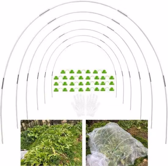 Kit completo per tunnel di protezione per piante Ibenzoa® Flexibles: 30 strisce di fibra di vetro, 24 connettori in acciaio zincato, 15 clip e guanti da lavoro per la protezione del giardino