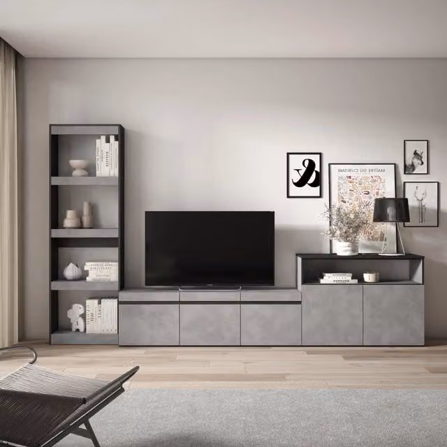 Mobile TV, Soggiorno, 310x35x186cm, Per TV fino a 65", Set di mobili, grigio cemento RF3166