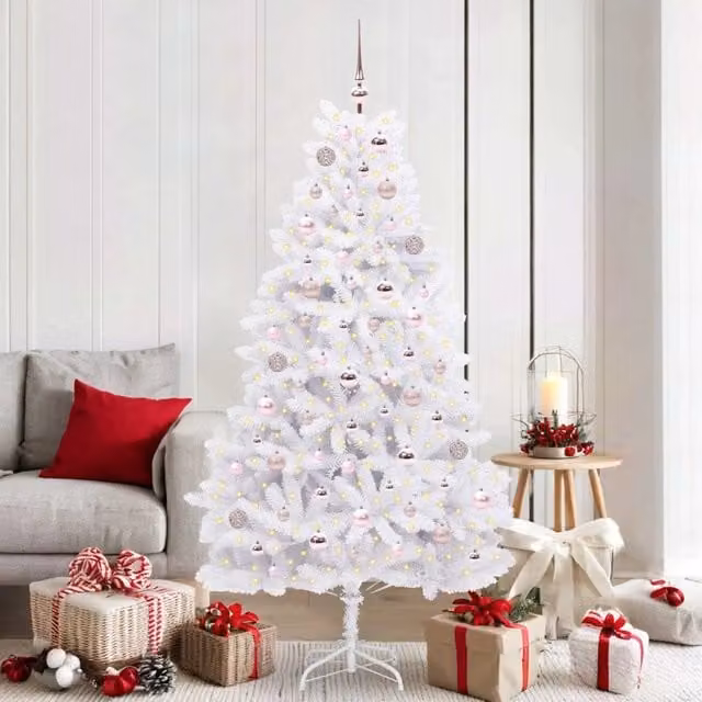 Albero di Natale Artificiale Moderno vidaXL Bianco con Luci LED RGB e Rami Pieghevoli in PVC e Metallo, Altezza: 180 cm