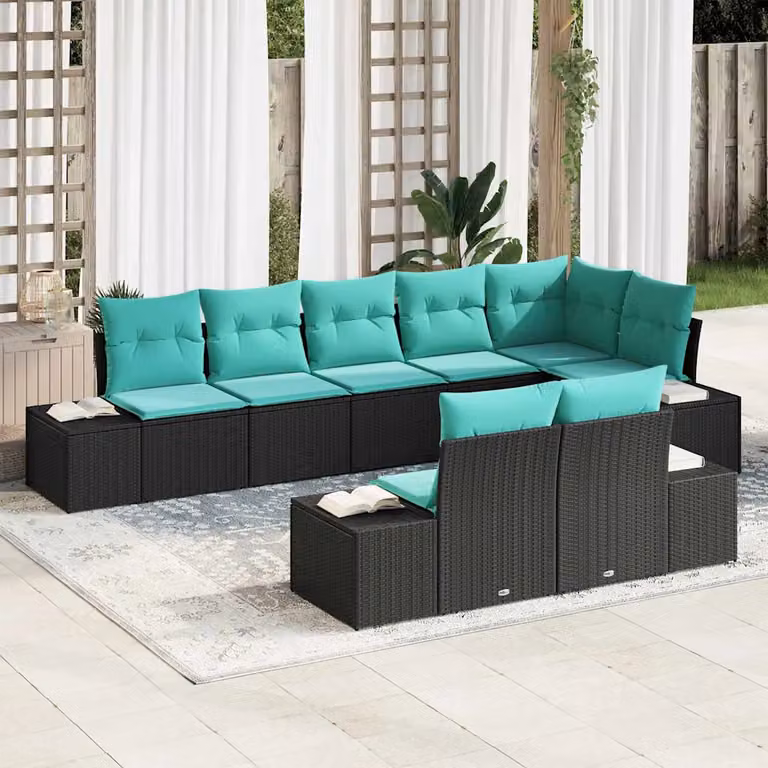 Set Divano da Giardino vidaXL 8 pz a Forma a U in Poly Rattan Nero e Turchese con Cuscini e Struttura in Acciaio