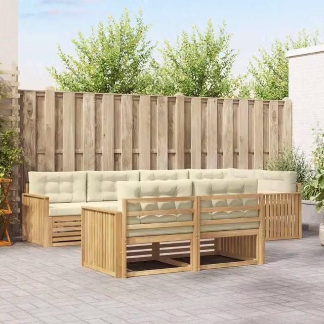 Set di divani da esterno a L vidaXL in legno di acacia con cuscini, Bianco e Beige