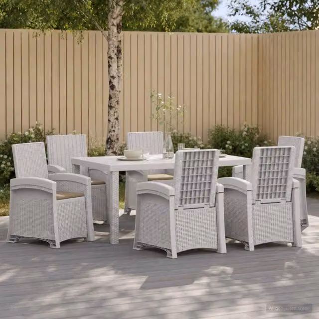 Set da pranzo da giardino moderno vidaXL in rattan sintetico composto da 7 pezzi, colori bianco e beige