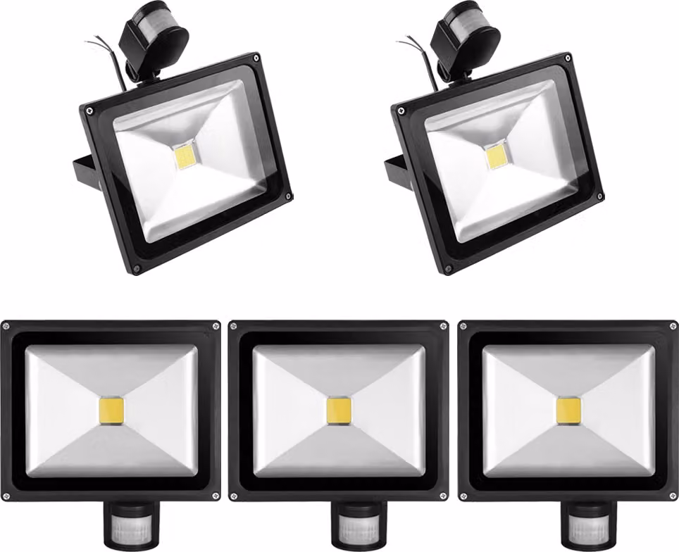 Set da 5 faretti LED da 30 W per esterni con sensore di movimento, Greenmigo, faretti da parete bianco caldo, alluminio nero, IP65, impermeabili, 85-265 V CA, bianco luce diurna