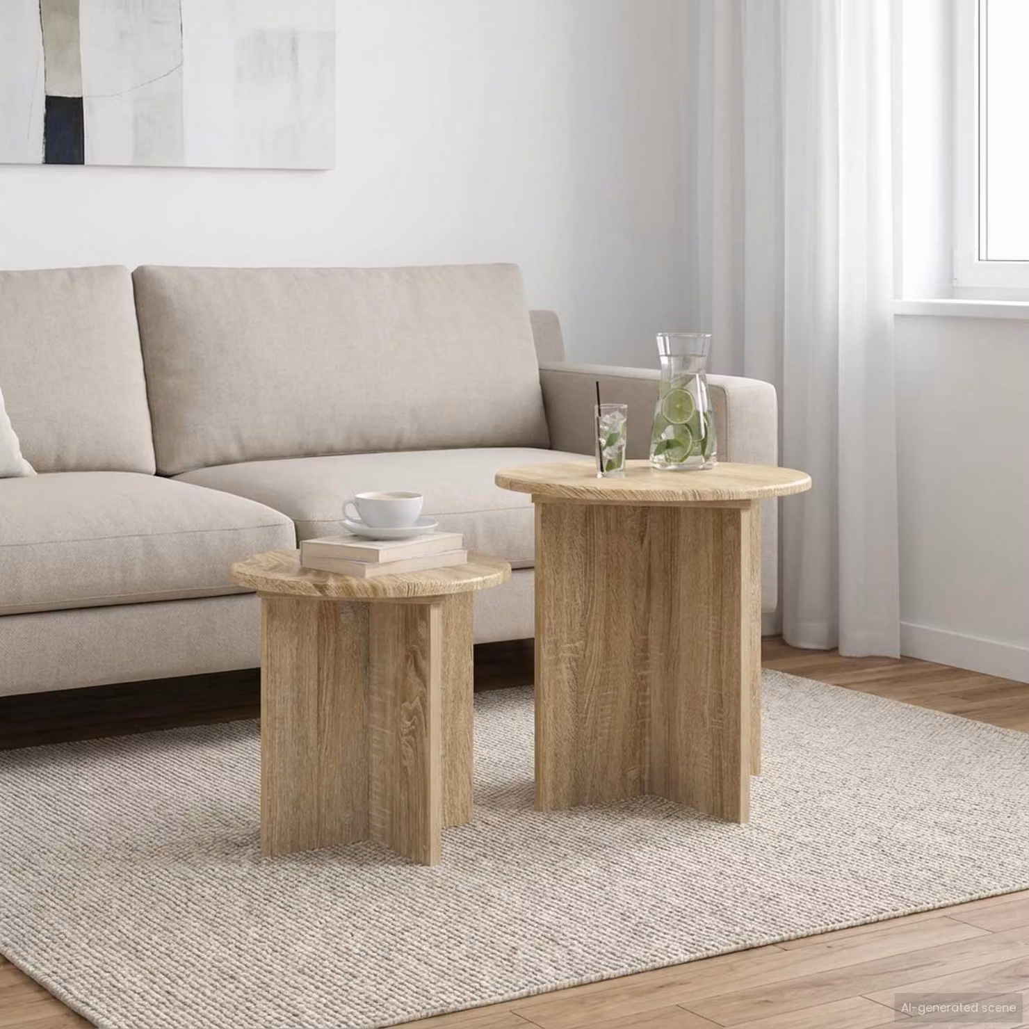 Set di 2 tavolini rotondi vidaXL in rovere, colore marrone e beige, Ø 45 cm