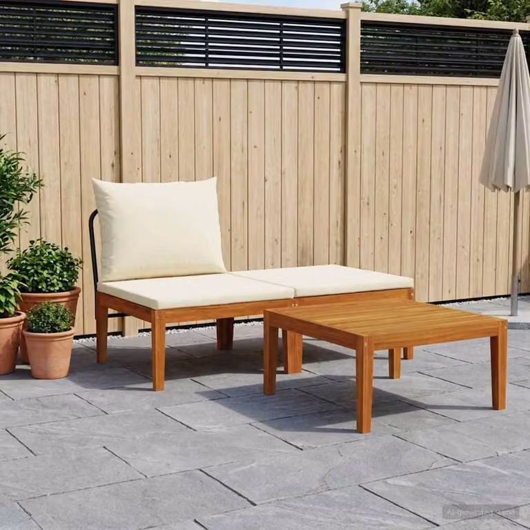 Set da giardino moderno vidaXL in legno di acacia con divano a 2 posti, tavolino da caffè e pouf con cuscini inclusi, colori beige, bianco o marrone