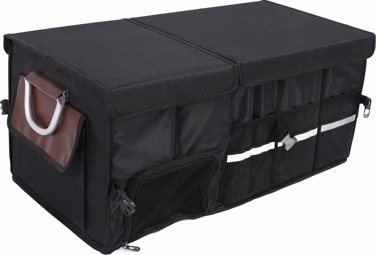 Organizer pieghevole per bagagliaio, impermeabile, tessuto Oxford, scomparti multipli, contenitore con coperchio, strisce riflettenti, 92 l