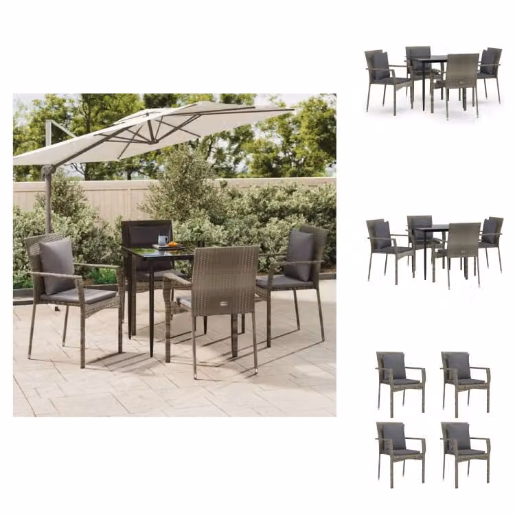 vidaXL Set da pranzo da giardino 5 pezzi con cuscini in poly rattan nero e grigio - Set di mobili da giardino