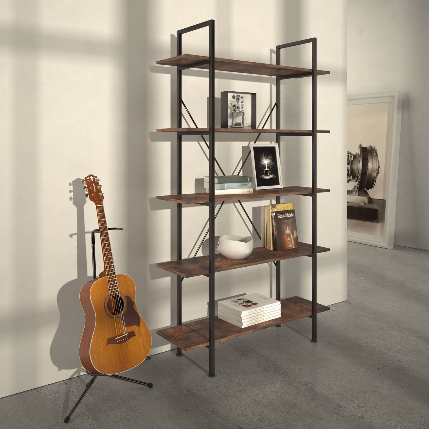 Scaffale Glasgow Tectake in stile industrial con legno scuro e metallo, L: 106.0 cm, P: 34.5 cm, H: 179.5 cm – 2