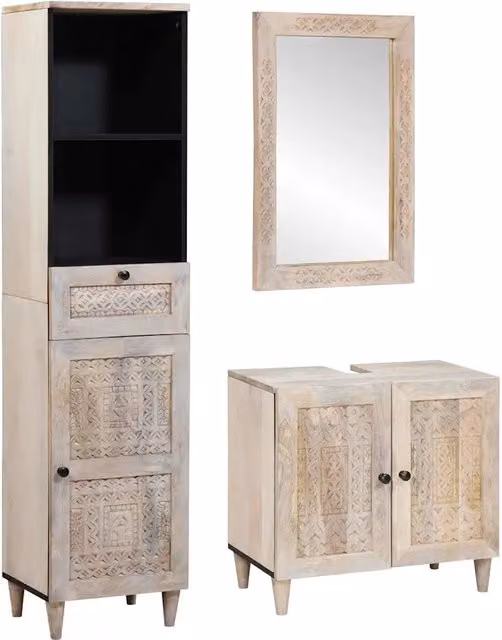 Set di mobili per il bagno vidaXL composto da 3 pezzi in legno di mango e metallo, bianco e nero, stile rustico con armadietto a specchio, mobile lavabo e colonna alta, H x L x P: 160 x 38 x 33 cm