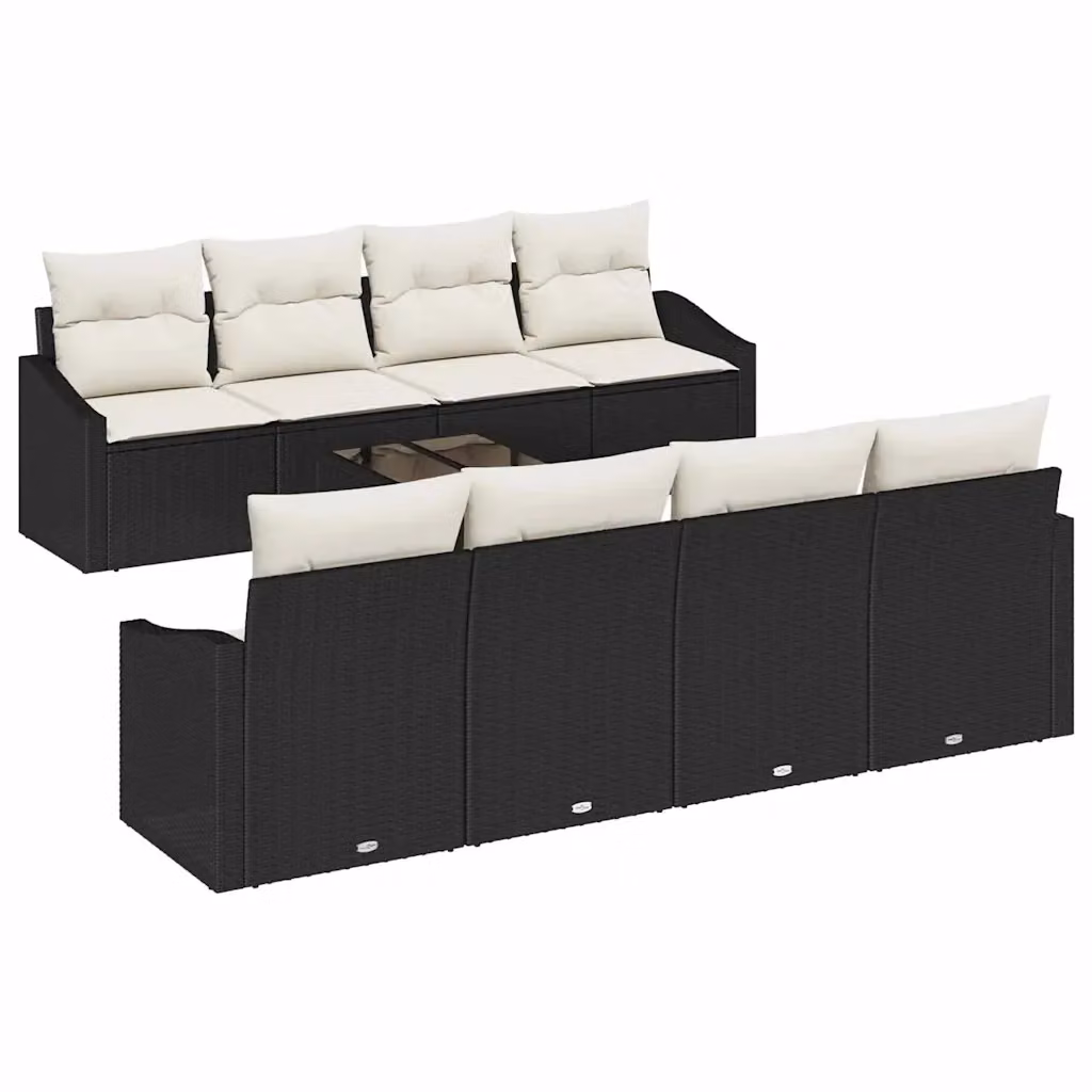 Set di divani da giardino vidaXL in rattan con cuscini e tavolino da esterno, 9 pezzi, Nero e Beige – 2