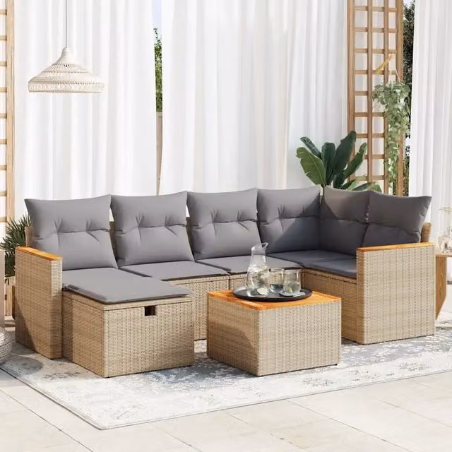 Set di divani da giardino vidaXL in rattan e legno di acacia oliato con cuscini beige, 7 pezzi