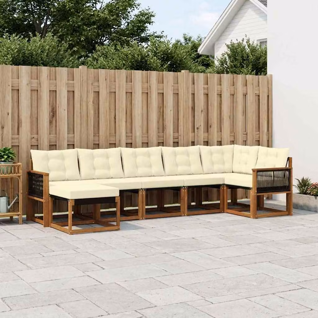 vidaXL Set di divani da esterno a L composto da 7 pezzi in legno di acacia con cuscini beige e marrone