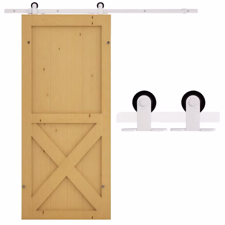 Kit per porta scorrevole - Sistema completo per porta scorrevole - Binario di scorrimento da 183 cm - Acciaio al carbonio - Completo di carrelli, fermaporte e guida a pavimento - Bianco