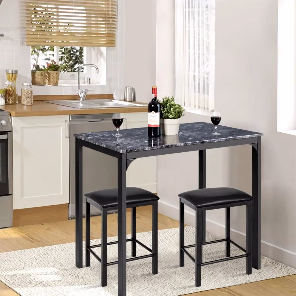 Set da pranzo Design Mania composto da tavolo rettangolare e 2 sgabelli senza schienale in similpelle nero con finitura lucida – 2