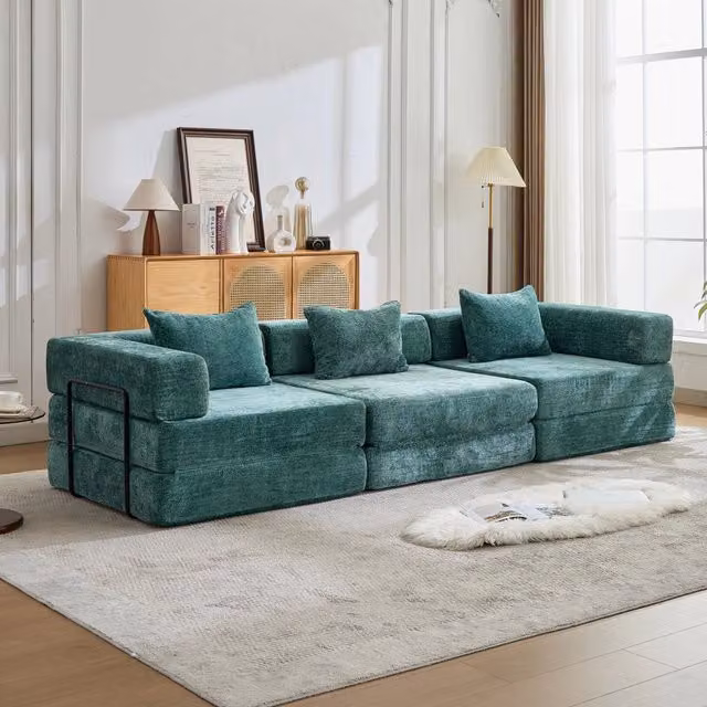 Divano letto da pavimento pieghevole modulare in ciniglia verde scuro