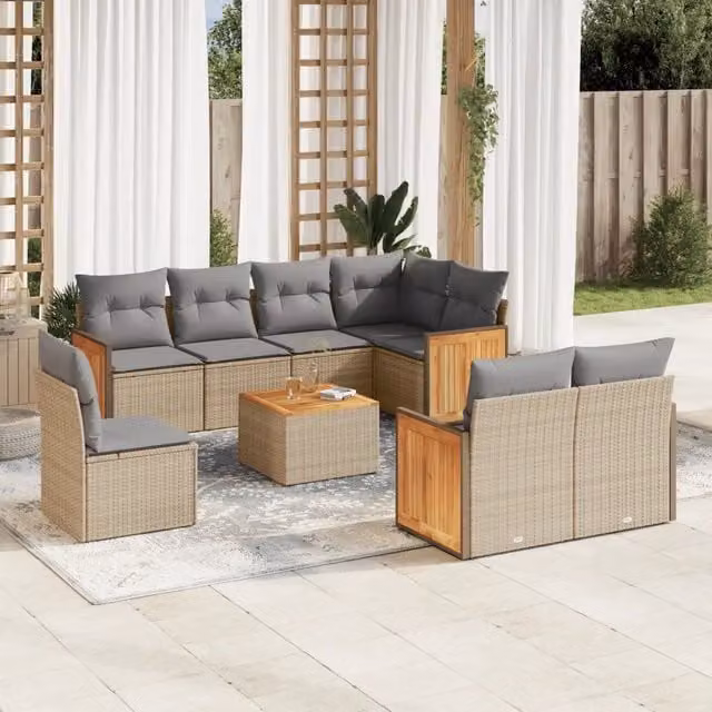 vidaXL Set Divano da Giardino a L 9 pz in Polyrattan con Cuscini Beige e Tavolino da Caffè – 1