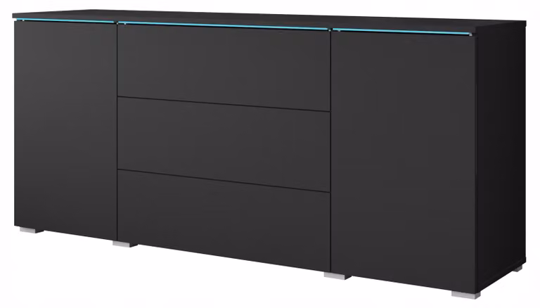 Comò da salotto, 150 cm, con 3 cassetti e 2 ante, finitura nera opaca, con illuminazione LED
