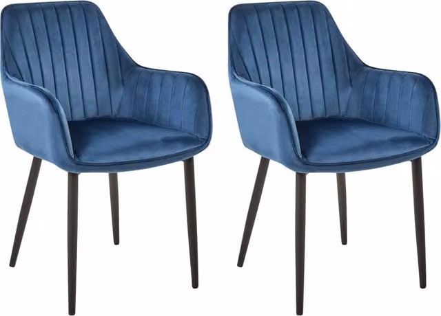 Set di 2 sedie da pranzo Beliani con braccioli in velluto blu e gambe in metallo nero stile glamour
