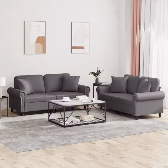 Set di 2 divani vidaXL in similpelle grigia con cuscini per soggiorno in stile moderno