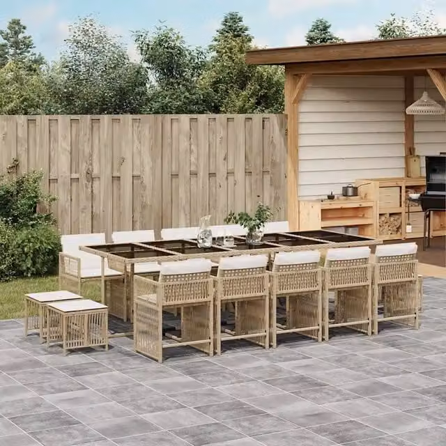 Set da Pranzo da Giardino vidaXL in Polyrattan con Cuscini Beige e Tavolo in Vetro, 15 Pezzi