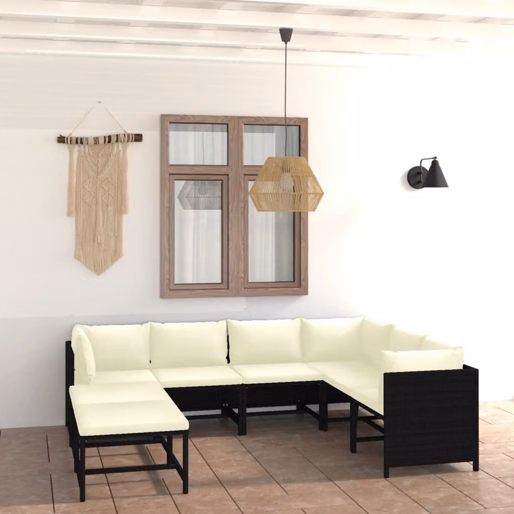 The Living Store Set salotto da giardino 8 pezzi con cuscini in poly rattan nero