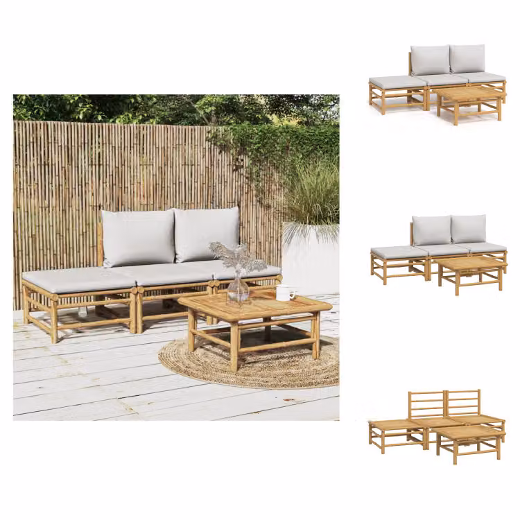 vidaXL Set di 4 pezzi per salotto da giardino con cuscini in bambù grigio chiaro - Set di mobili da giardino