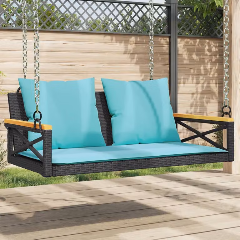 Panchina a dondolo vidaXL in polyrattan e legno di acacia oliato con cuscini, L 109 x P 62 x H 40 cm