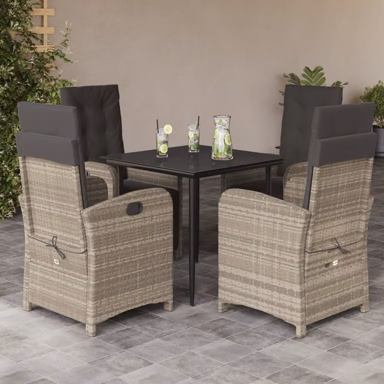 Set Pranzo da Giardino vidaXL in Polyrattan con Cuscini Grigio Chiaro e Tavolo in Vetro Nero per 5 Persone