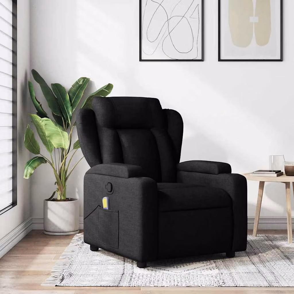 vidaXL Poltrona reclinabile relax in tessuto nero con braccioli e struttura in legno e metallo