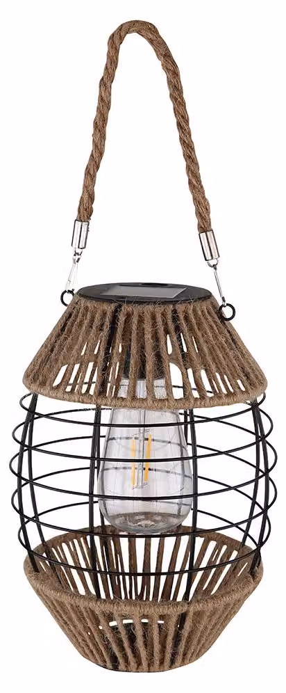 Lanterna solare a LED, metallo e canapa, da appoggio o da appendere, H 40,5 cm