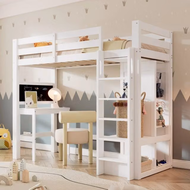 Letto a Soppalco con Scrivania e Armadio Aperto 90x200 cm in Legno Bianco per Bambini