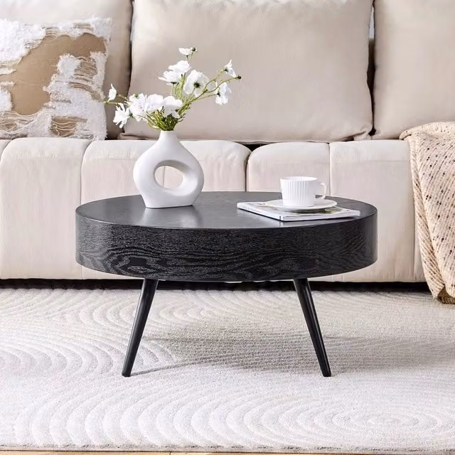 Tavolino da caffè rotondo MINIMAL nero in MDF e metallo, Diametro: 70 cm, Altezza: 35,5 cm