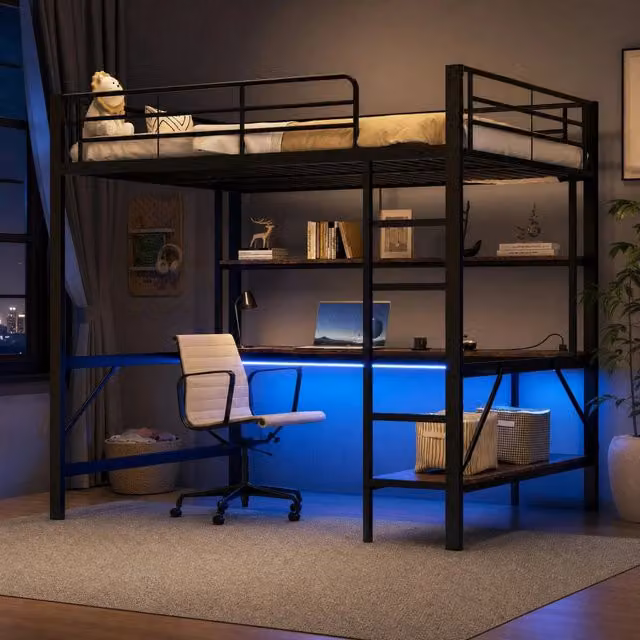 Letto a soppalco MIVRAY nero con scrivania, ripiani, illuminazione LED, porta USB e scala in metallo e MDF, dimensioni 140 x 200 cm